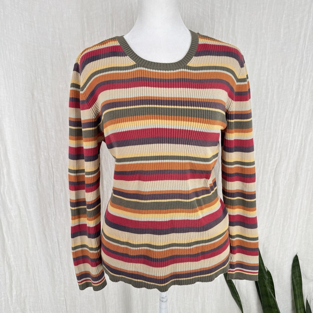 Vintage 90s Striped Long Sleeve Top M Indie Grunge Granola Earthy Retro Ribbed
